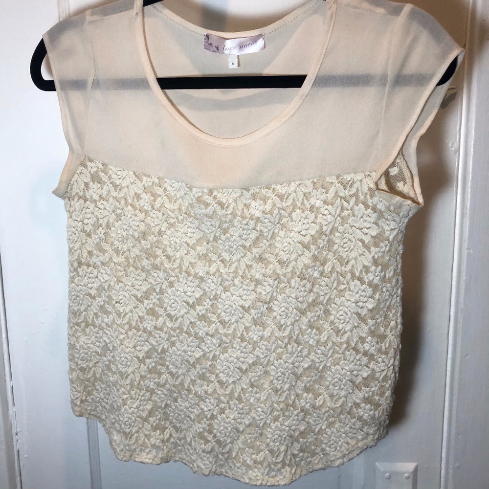 Francesca's Cream Lacy Short Sleeve Sheer Shirt